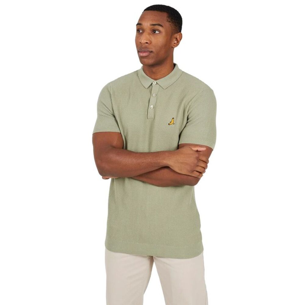 Brave Soul Mens Knitted 3 Button Placket Polo Shirt / Dark Sage